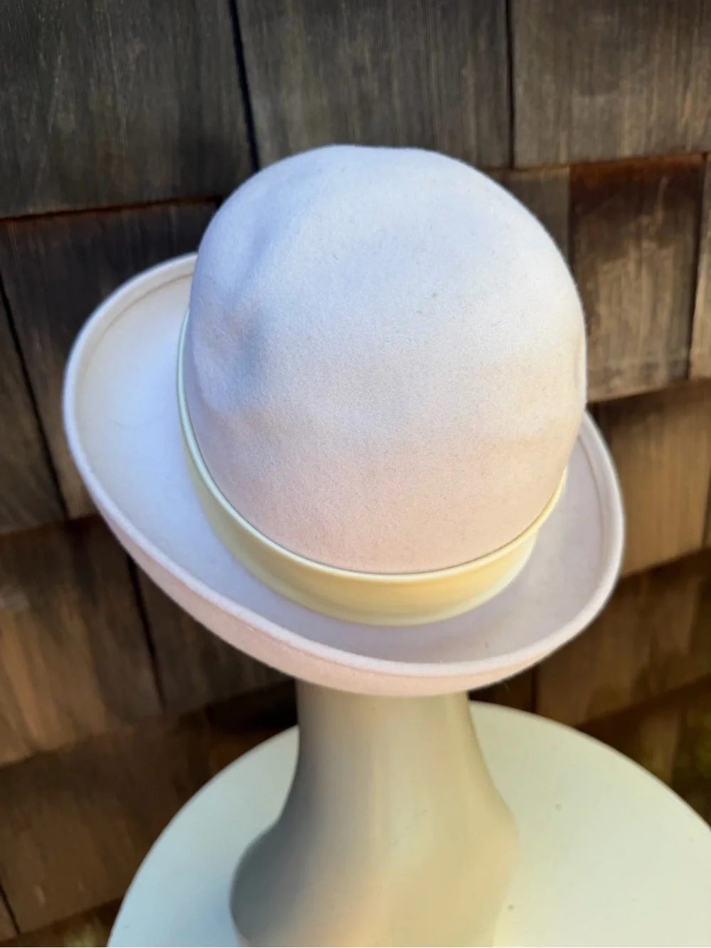 Vintage Mr Charles wool bowler brim hat cream color feathers rhinestones Sz 21”